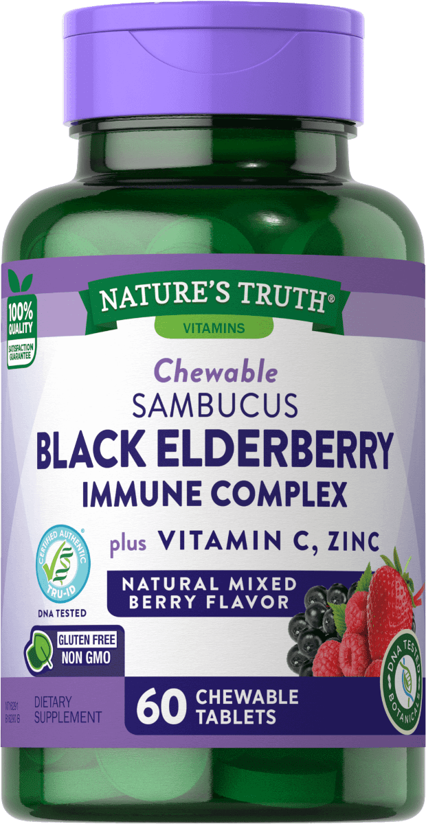 Nature's Truth - Sambucus Black Elderberry Immune Complex Plus Vitamin C, Zinc Chewable Tablets - Natural Mixed Berry Flavor - 60 Ct